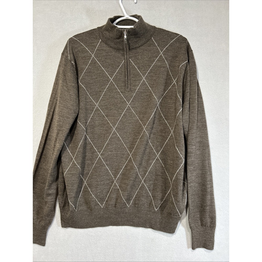 Linea Rosso Mens Merino Wool Blend Sweater Large Argyle Brown Pullover 1/4‎ Zip